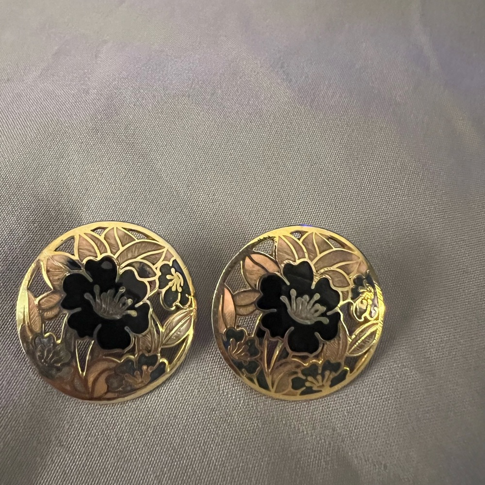 Cloisonne Black Enamel and Gold Tone Floral Earrings Vintage